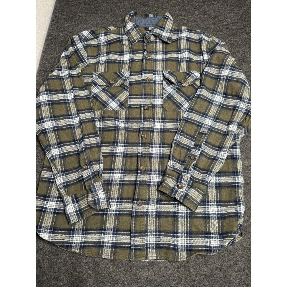 Jacks MFG Flannel Shirt Mens Large Green Blue Plaid Long Sleeve Button Up Casual